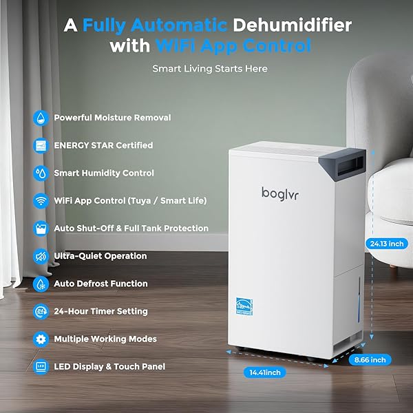 4500 SQ.FT. MOST EFFICIENT ENERGY STAR, MAX 80 PINT/D (STANDARD 52PINT/D) SMART COMPRESSOR DEHUMIDIFIER WITH APP/WIFI, INTELLIGENT HUMIDISTAT FOR BASEMENT, HOME, BEDROOM, BATHROOM, GARAGE(WHITE)