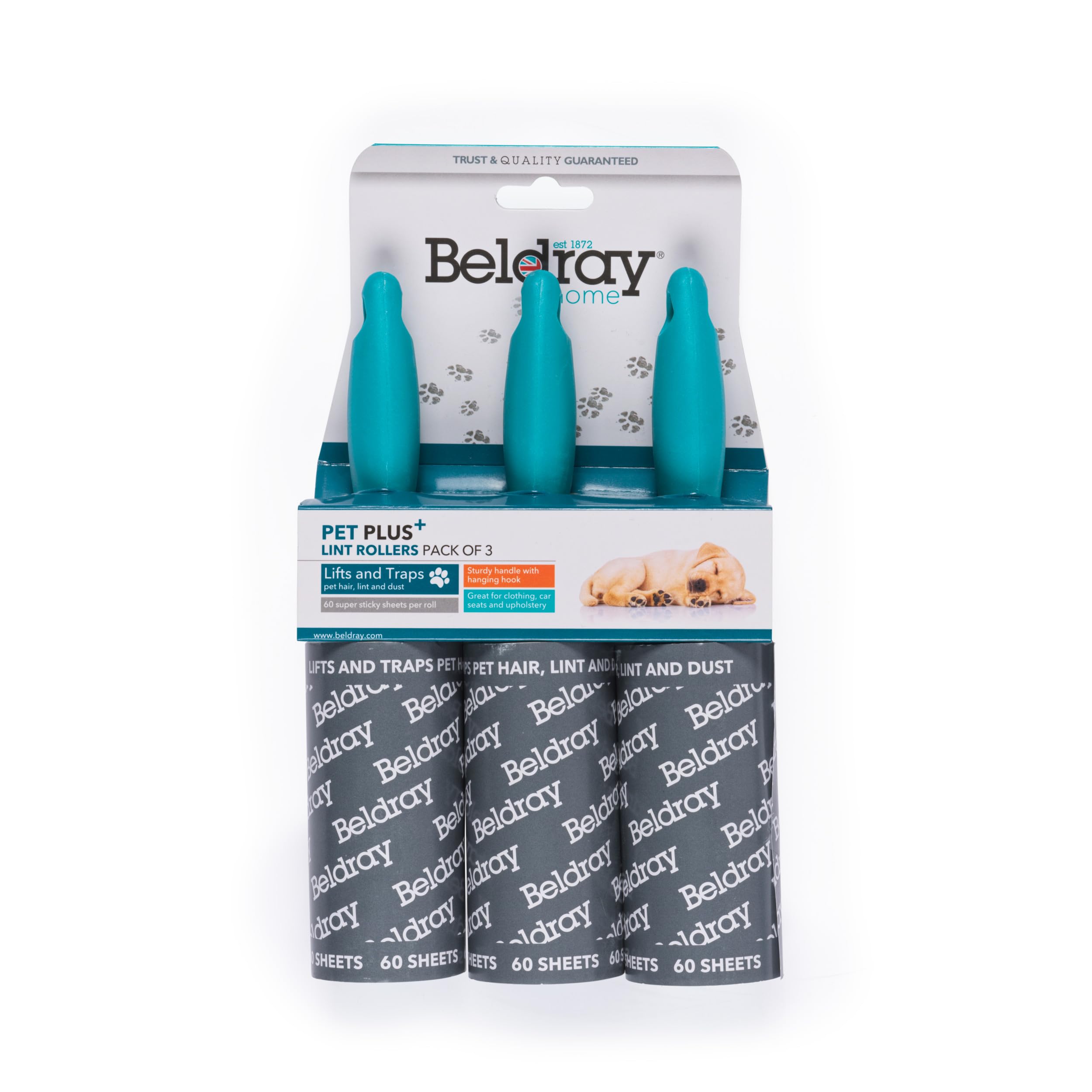 Beldray LA074416EU Pet Plus+ Lint Rollers - 3 Pack Handheld Lint Removers, 60 Sticky Paper Sheets Per Roller, Tear Off Sheets, Lift & Trap Pet Hair, Dust From Clothes & Furniture, Durable Handles