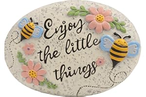 Bechivie Spring Decorative Garden Stones Outdoor, 6x4.1In Bee Enjoy The Little Things Stone with Pink Floral, Concrete Stepping Stones for Walkway Pathway Yard Outside
