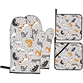 Cute Cat Kitten Oven Mitts and Pot Holders Set of 4, Oven Mittens and Potholders Heat Resistant Gloves for Kitchen Cooking Baking Grilling BBQ
