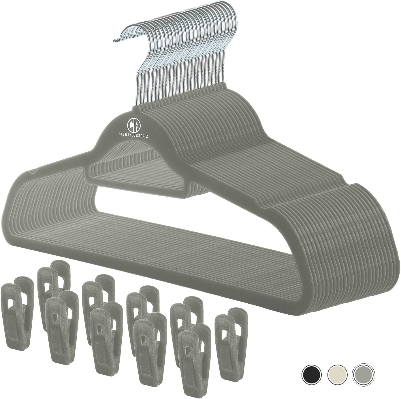 Closet Accessories, Velvet Hangers, Non-Slip Ultra Slim Space Saving Hanger, with notches, tie bar, and Swivel Hooks, 30 Pack, with Bonus 20 Matching Velvet Finger Clips. (Grey [Khaki/Green])