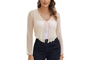 Avidlove Womens Sheer Shrug Tie Front Long Bell Sleeve Mesh Cropped Bolero Cardigan Lightweight Summer Casual Short Shawl Top