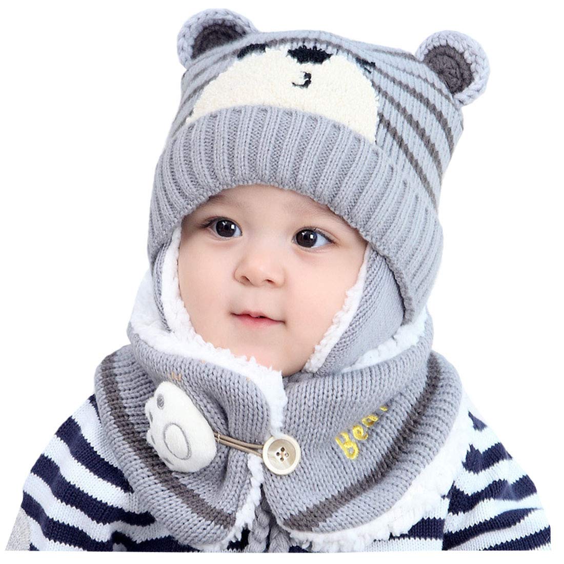 YONKINY Baby Children's Winter Hat and Scarf Warm Knitted Beanie Hat Neck Warmer Scarf with Fleece Lining - Grey - One size