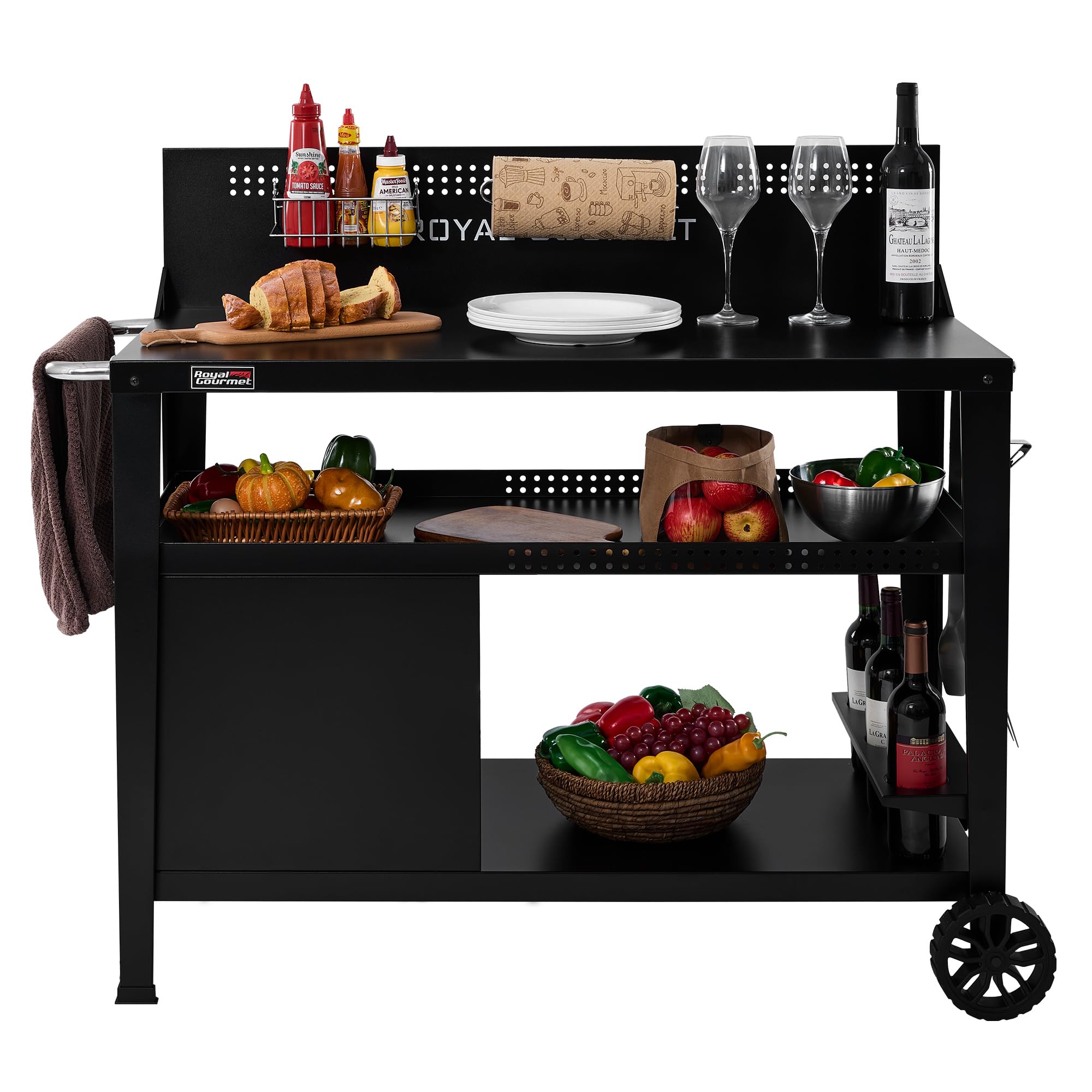 Royal Gourmet PC4401B 3-Tier Dining Cart with Wind Guard, Sturdy Structure and Ample Storage Shelves, for Indoor & Outdoor use，with Bottle Opener, Hooks, Wine Rack, Multifunctional Side Handle, Black Image