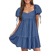 POTILI Denim Dress for Women Puff Short Sleeve Jean Dresses Sweetheart Neck Denim Mini Dress