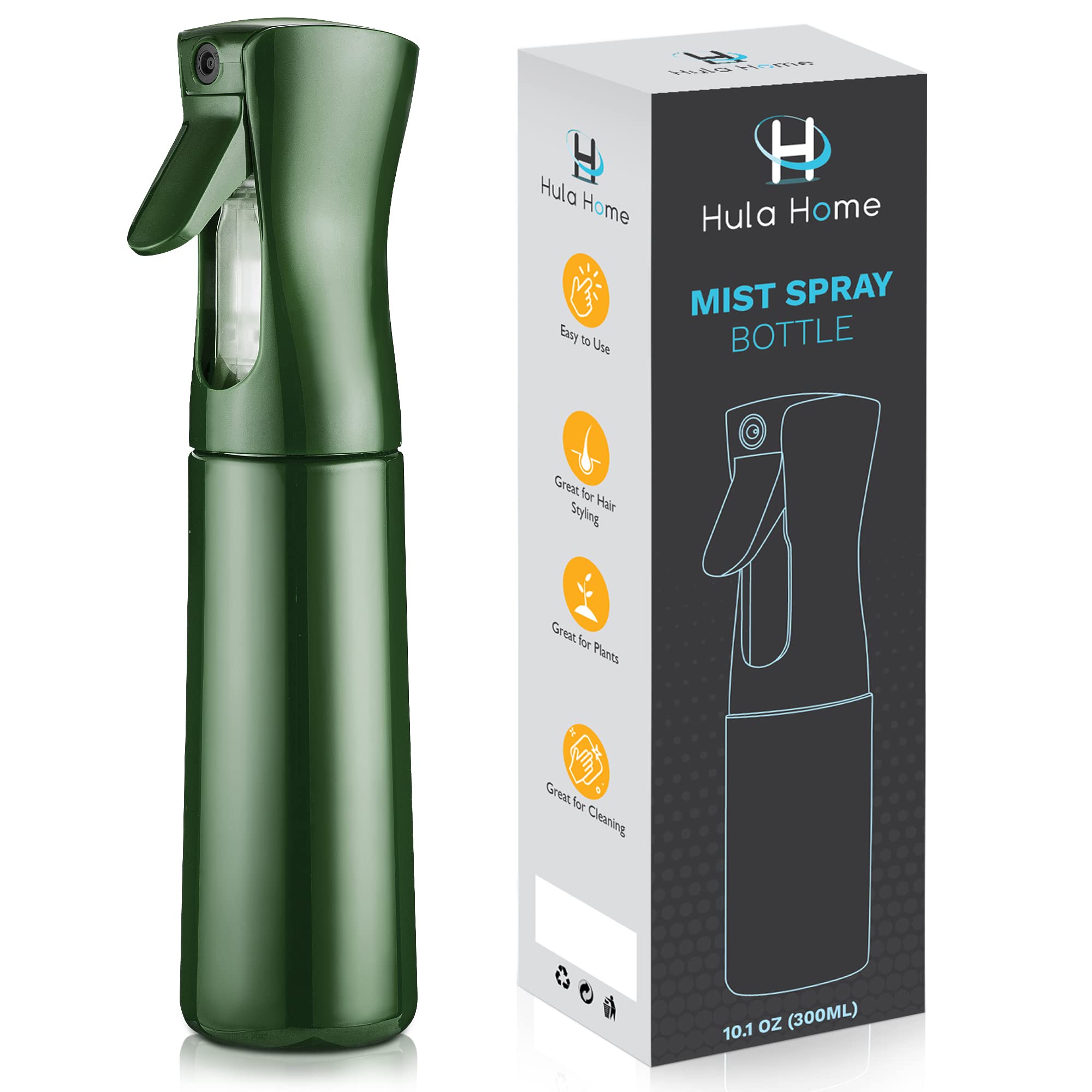 Photo 1 of Hula Home Continuous Spray Bottle for Hair (10.1oz/300ml) Empty Ultra Fine Plastic Water Mist Sprayer – For Hairstyling, Cleaning, Salons, Plants, Essential Oil Scents & More - Green