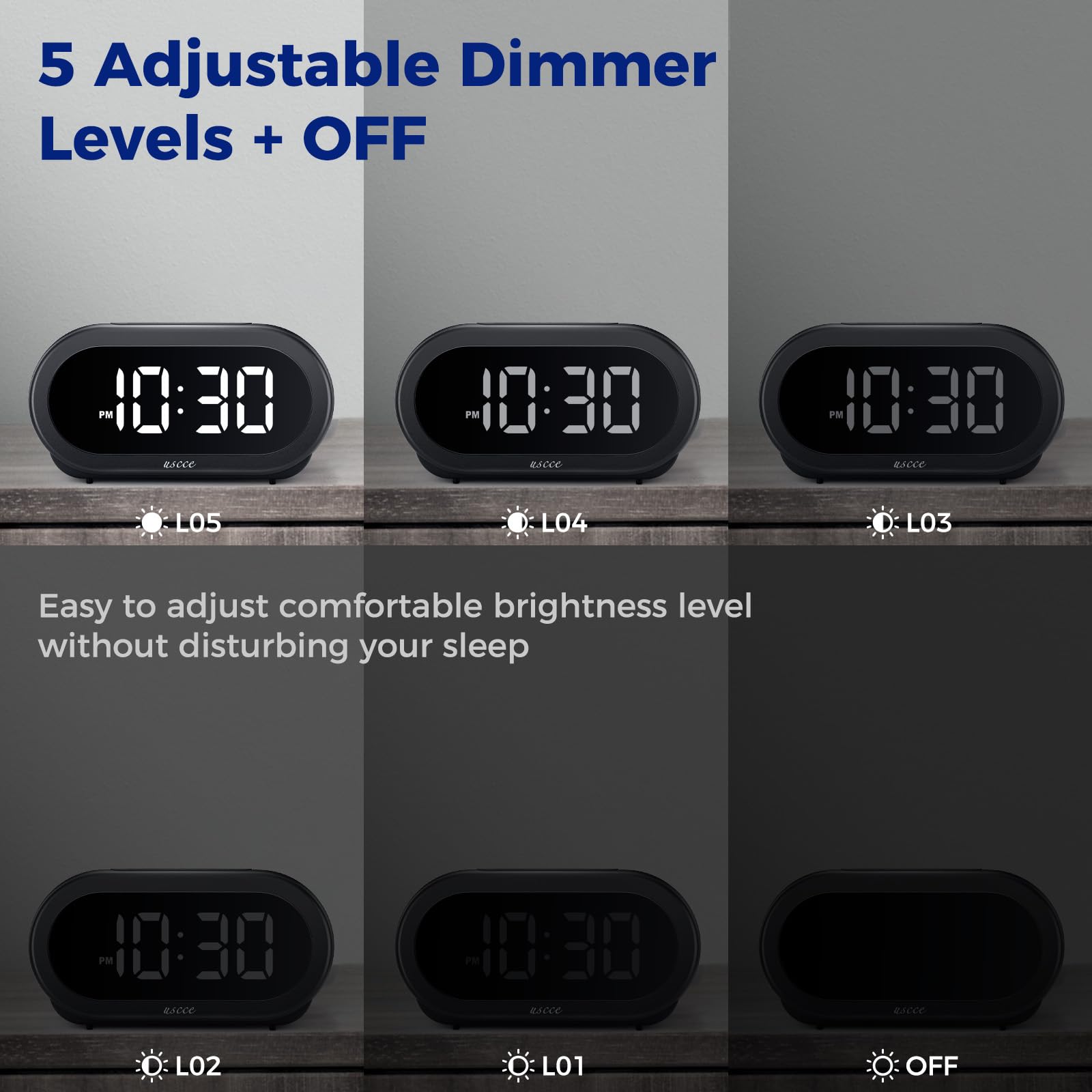 uscce Small Digital Clock for Bedroom: 6 Dimmable Brightness 4 Alarm Volume - Plug in Clock with Easy Operation for Bedside Desk