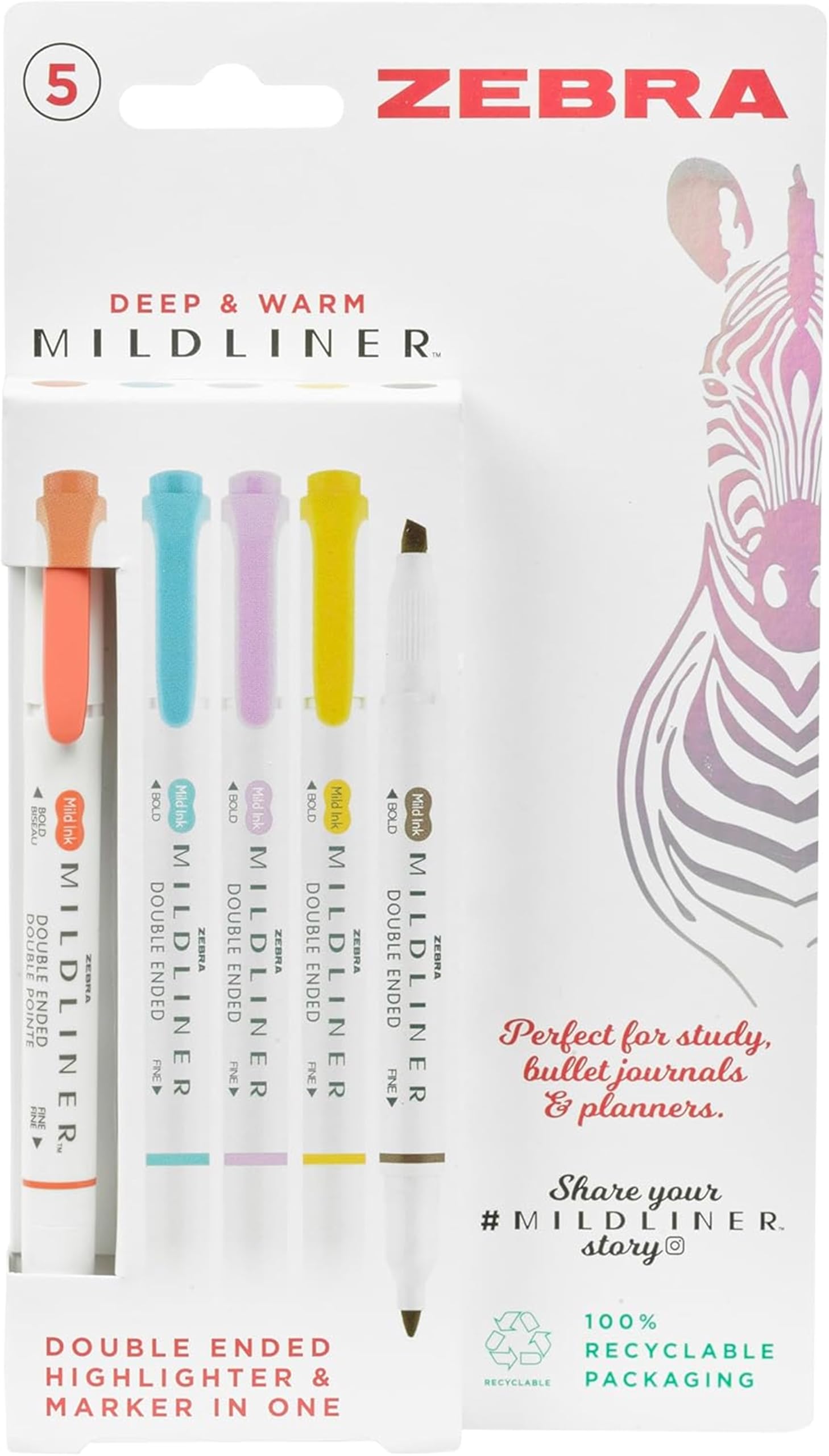 Zebra Pen Dual Tip MILDLINER Warm Highlighters & Colouring Pens 5pk - Double Sided Felt Tip Pens with 4mm Broad Chisel Tip and 1mm Fine Bullet Tip - Assorted Highlighter Colours - 5 Pack
