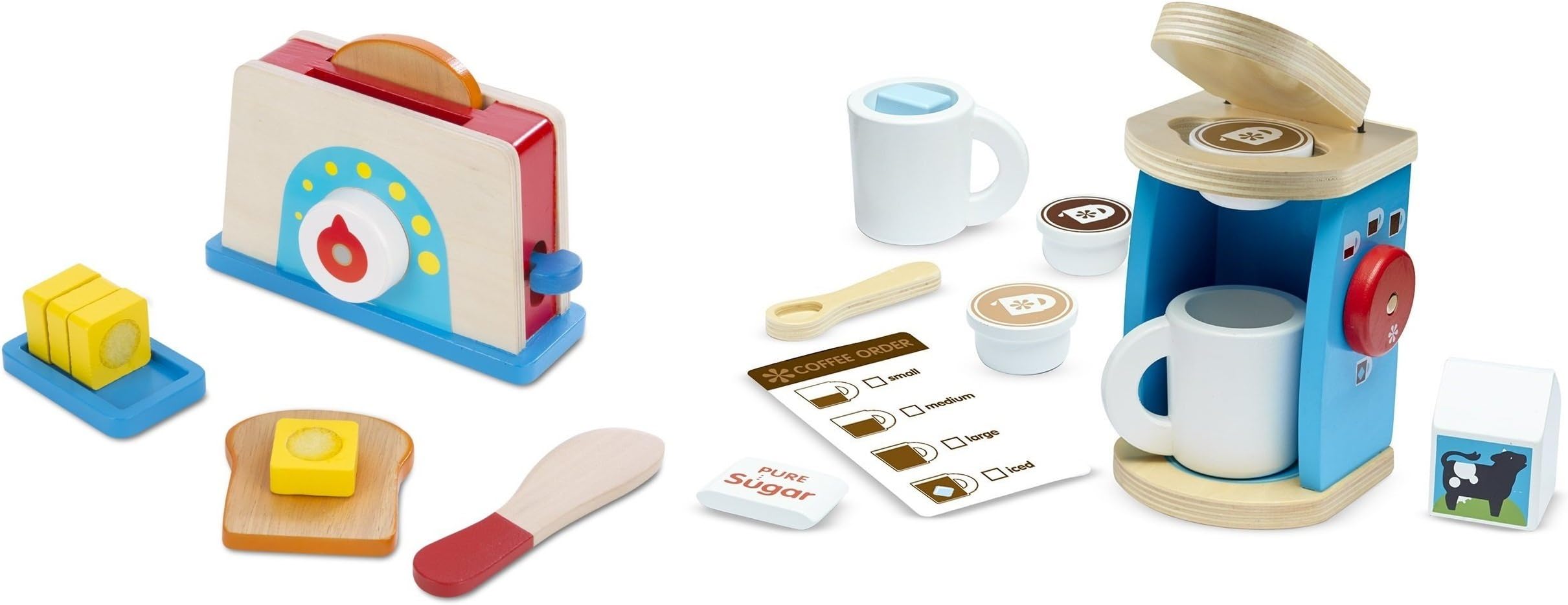 Melissa & Doug 11-Piece Brew and Serve Wooden Coffee Maker Set - Play Kitchen Accessories with Bread and Butter Toaster Set (9 pcs) - Wooden Play Food and Kitchen Accessories