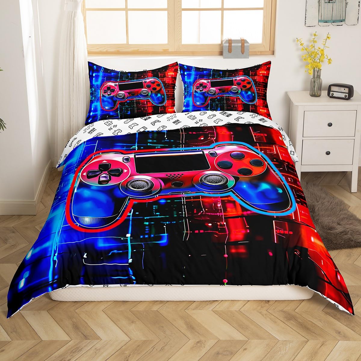 Manfei Video Games Duvet Cover Set Double Size, Blue and Red Gamepad Comforter Cover with 2 Pillowcases, Teens Gaming Bedding Set 3pcs for Kids Boys Adults Room Decor Gamer Reversible Bedspread Cover