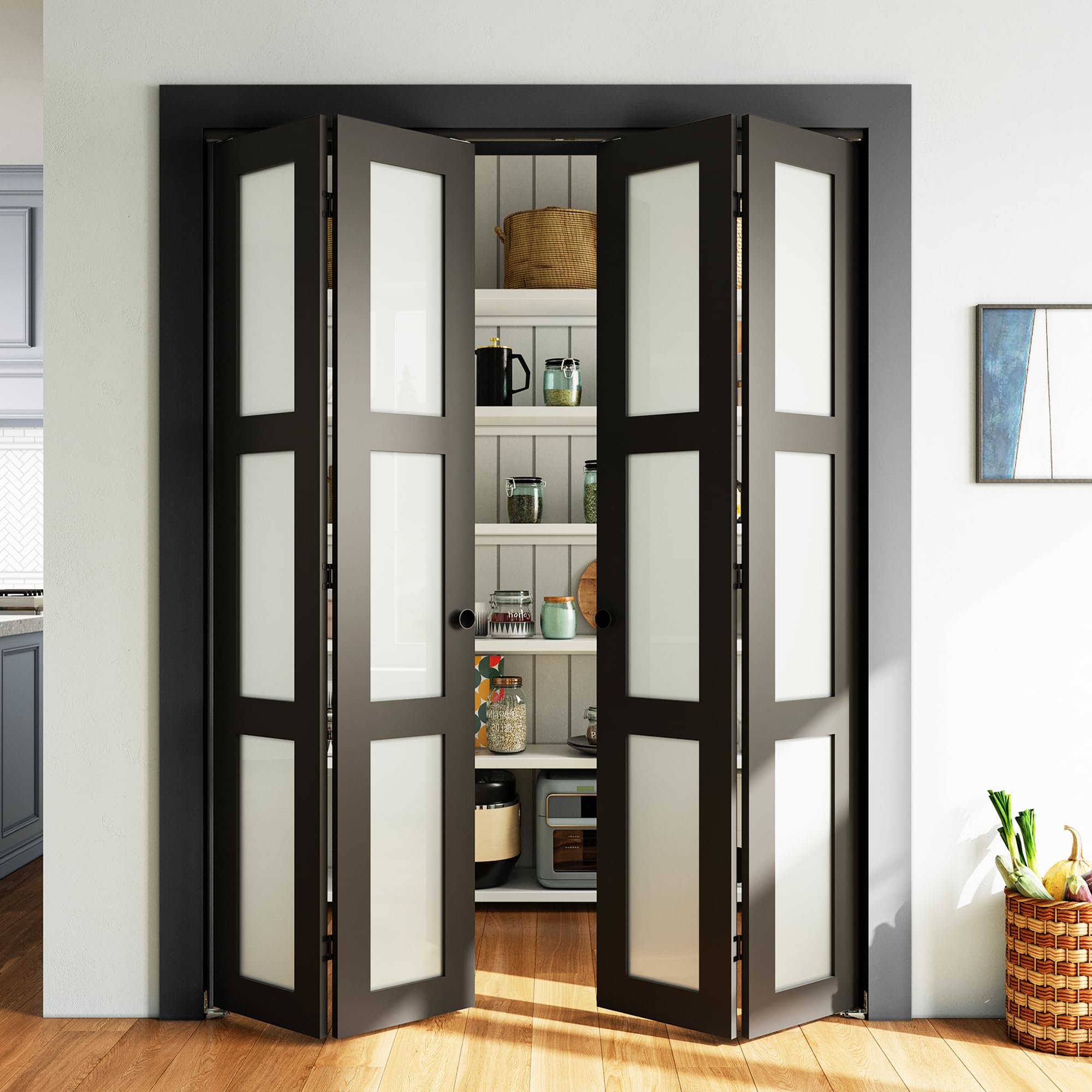 Photo 1 of *** PARTIAL SET *** SMARTSTANDARD 60in x 80in Closet Bifold Door with Bi-fold Door Hardware Kit Included, Tempered Frosted Glass Closet Door, Preassembled Panel, Water-Proof PVC Surface, Black