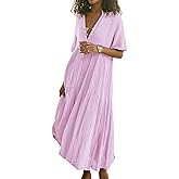 R.Vivimos Womens Summer Cotton Flowy Maxi Dress Short Sleeve V Neck Empire Waist Boho Tiered Ruffle Casual Loose Long Dresses
