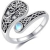 AXOMY Flower Ring 925 Sterling Silver Rose/Lotus/Tree of Life Adjustable Thumb Open Ring Black Tourmaline Floral Jewelry Mothers Gifts for Women Mom Grandma