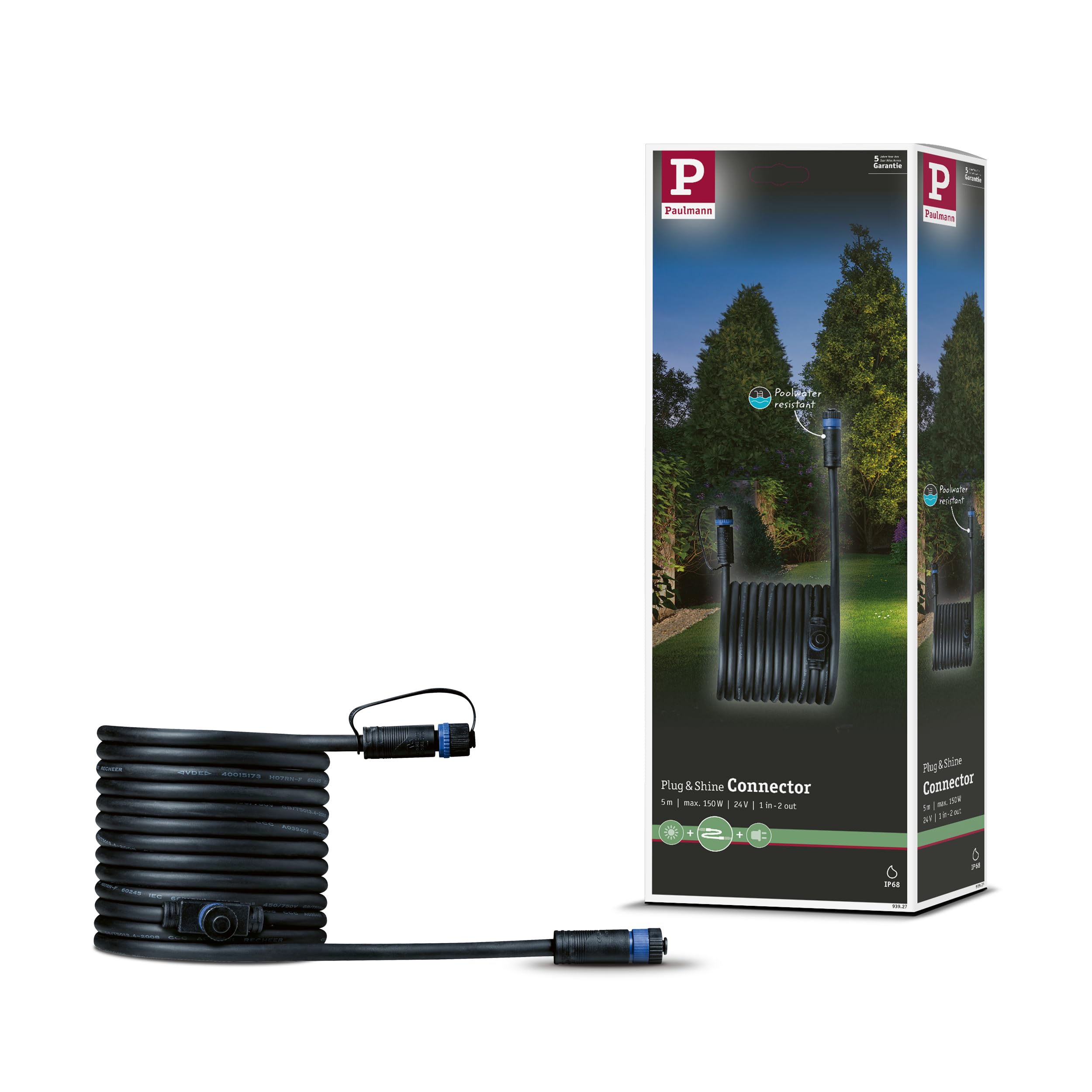 Paulmann 93927 Outdoor Plug & Shine Cable IP68 5m 1 in-2 Out 2x1,5mm² Black Plastic