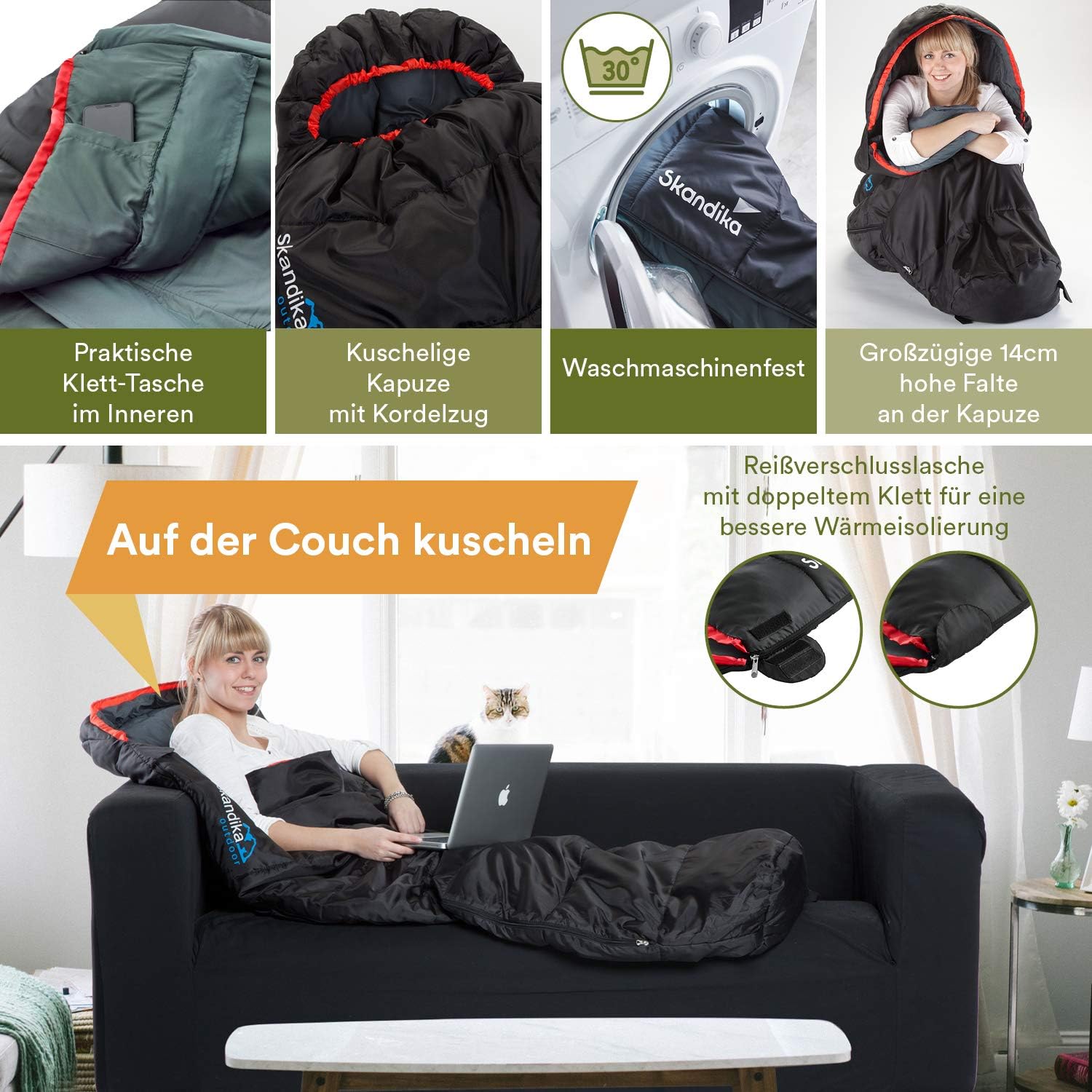 Skandika Alaska Large Sleeping Bag (Left Zip) - Black/Grey, 220x80cm, 220x80 cm - Image 4