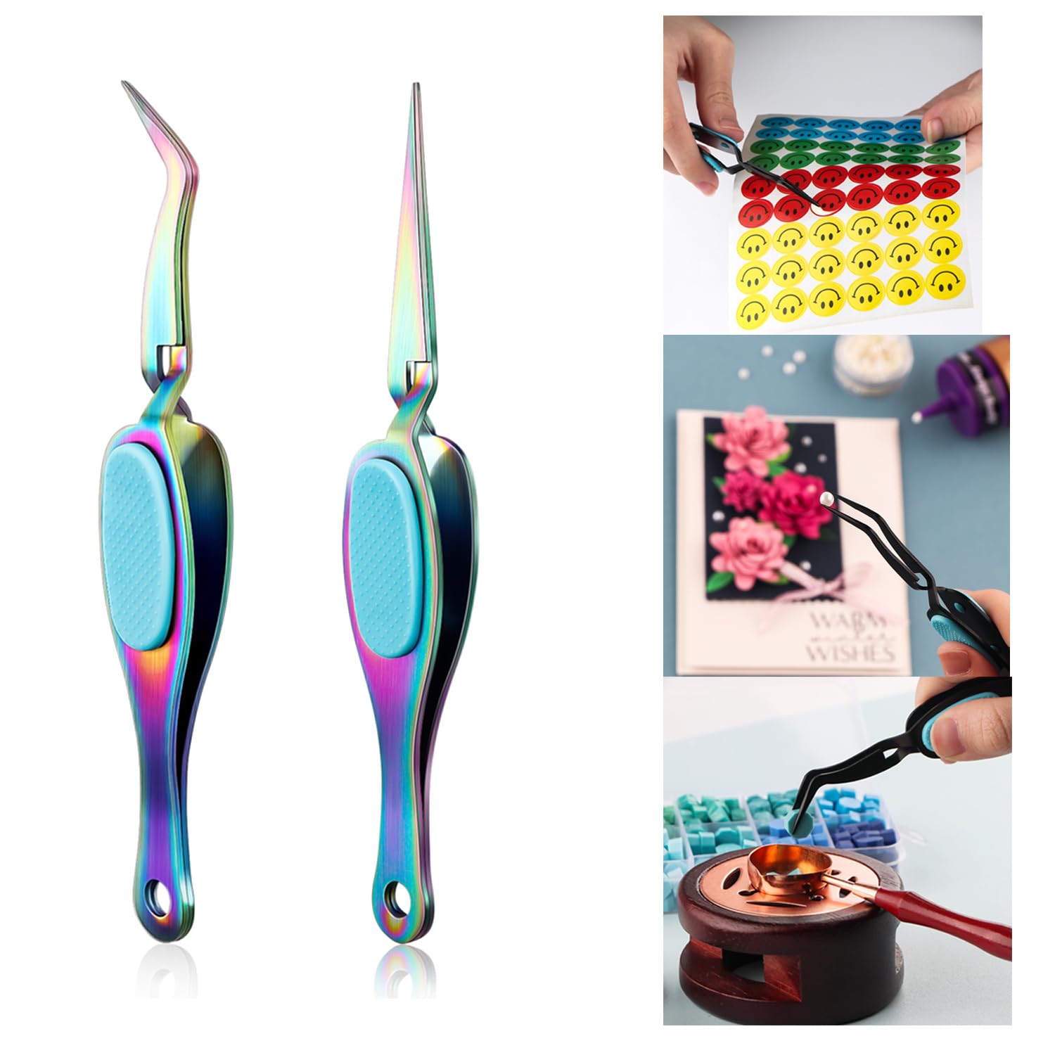OTCRAFT 2Pcs Reverse Tweezers Craft Tweezers Crossing Lock Tweezers Reverse Grip Precision Curved Bent Straight Tweezers Fine Tip for DIY Craft Rhinestones, and Small Embellishments
