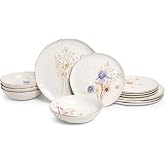 Sango 12-Piece Luxury Porcelain Dinnerware Set for 4- Glossy White Plates and Bowls Sets with Wildflower Patterns and Gold Rims, Ceramic Dish Set, Elegant Dishes for Everyday Dining, Gansevoort
