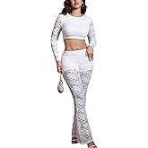 acelyn Women 2 Piece Outfits Lace Long Sleeve Crop Top Flare Pants Set Mesh See Through Birthday Club Going Out Outfits