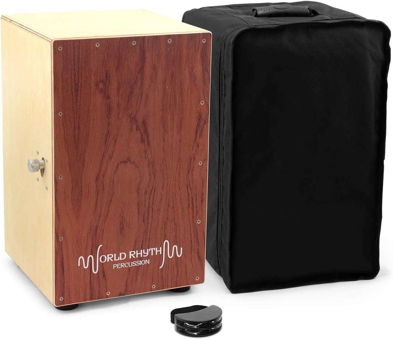 World Rhythm Brown Sandalwood Cajon Drum with Adjustable Snare & Foot Tambourine