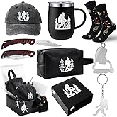 Geiserailie 9 Pcs Big Foot Sasquatch Gifts Sasquatch Lovers Gift Baseball Cap Tumbler Glass Keychain Socks Bottle Opener Folding Knife Raffia Toiletry Bag Box Set for Men Women Bigfoot Lover(Classic)