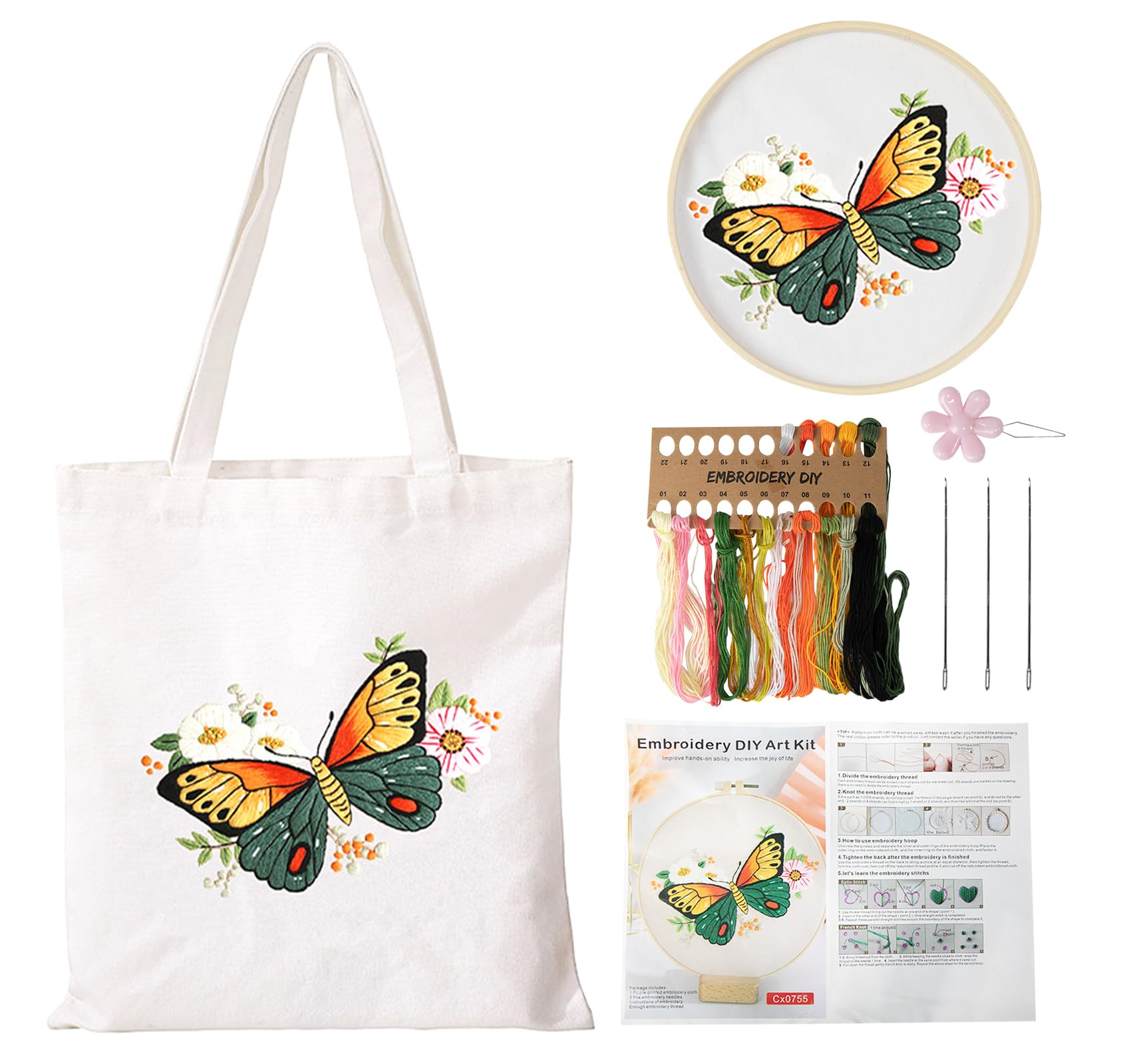 Homewit Canvas Tote Bag Embroidery Kit for Beginners, Adults Embroidery Kit Canvas Bag, DIY Handmade Embroidery Tote Bag Kit with Embroidery Hoops, Threads, Instructions and Tools（White）