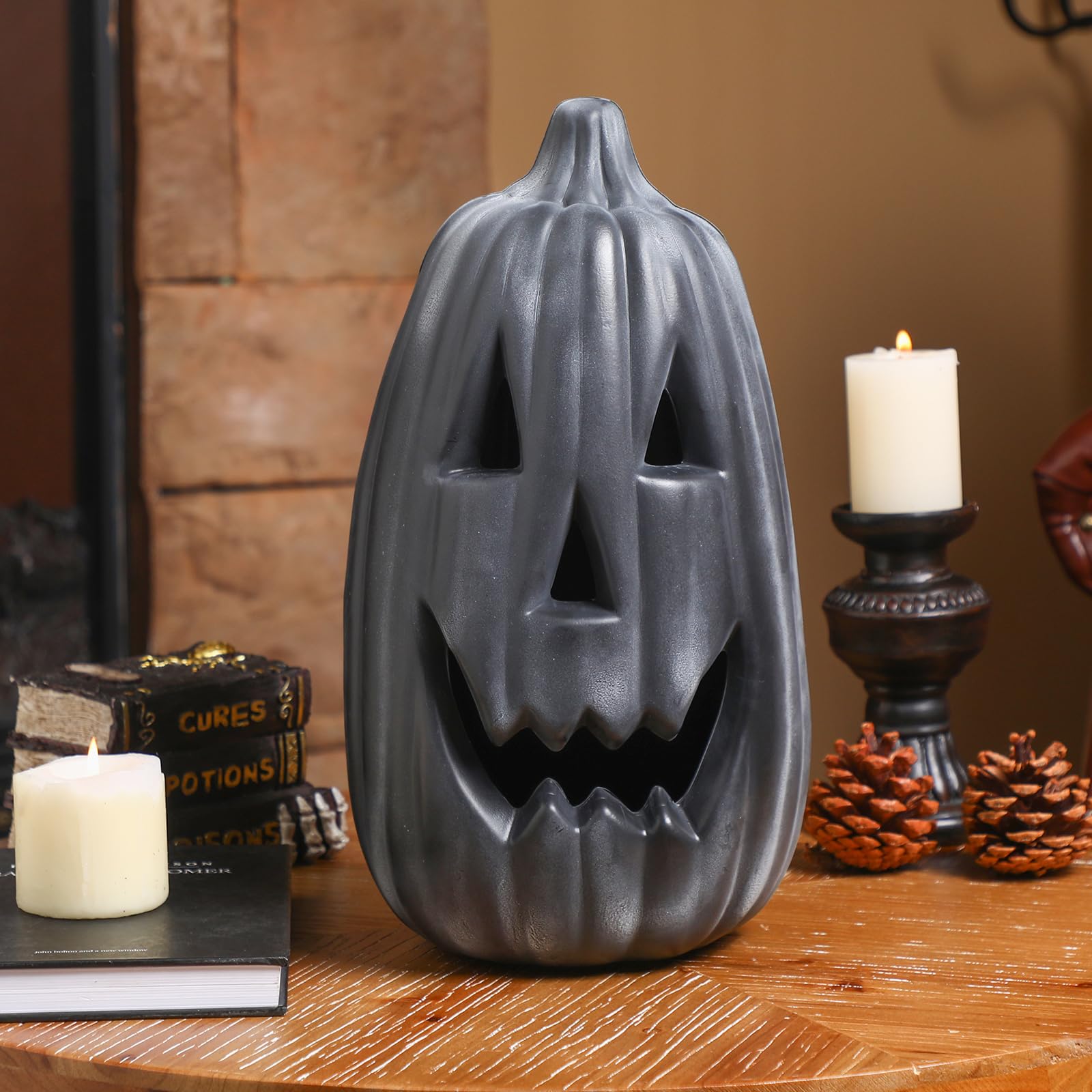 Photo 1 of Jingmore 13.4 Inch Black Pumpkin Decoration Large Plastic Jack O' Lantern Reusable Carved Pumpkin Lantern for Thanksgiving Halloween Fall Indoor Outdoor Decor Party Centerpiece