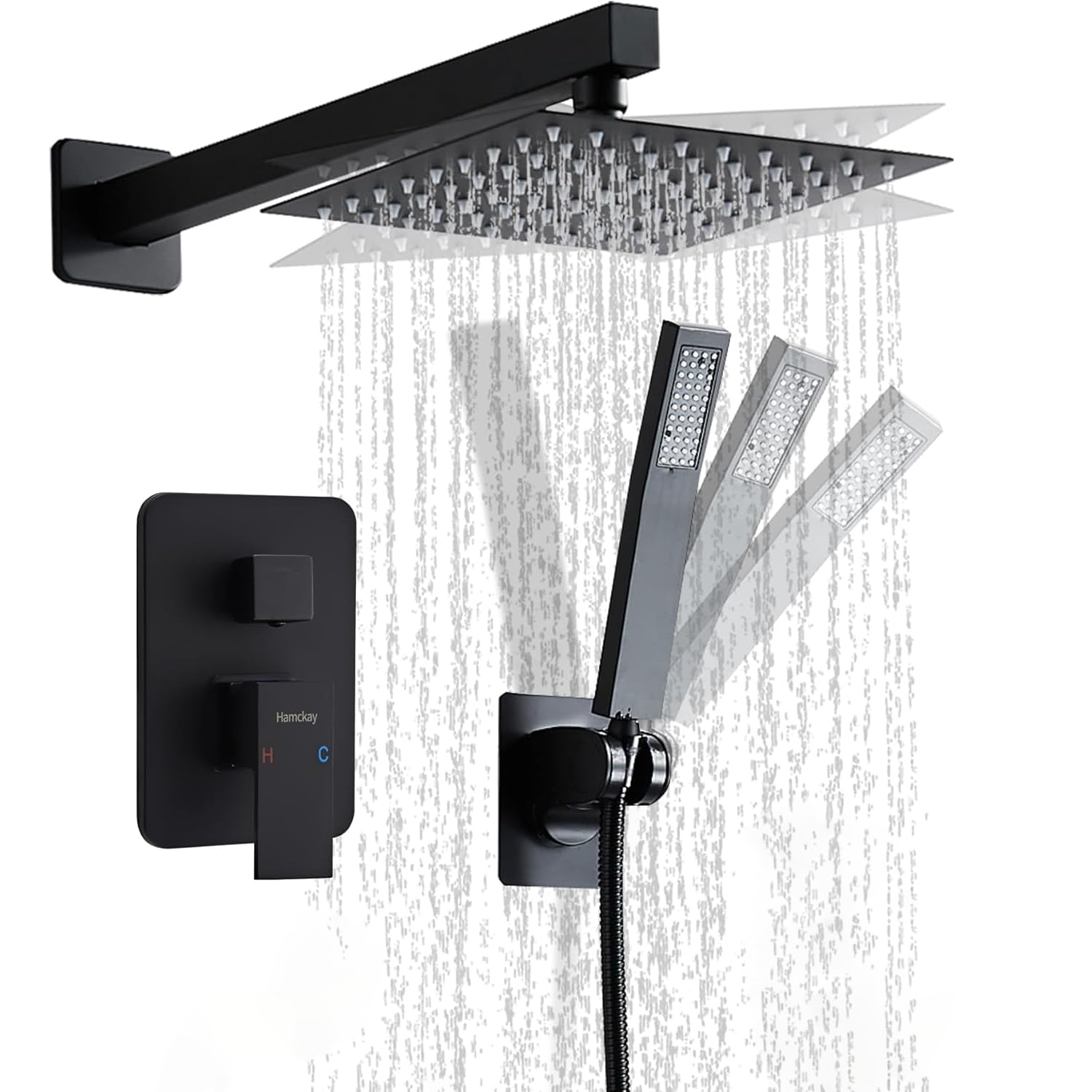 Photo 1 of 12 Inch Matte Black Shower Faucet Set with Square Rain Shower Head and Handheld Spray, Wall Mounted Rainfall Shower Head with Handheld Combo, Bathroom luxury Shower System with Valve and Trim