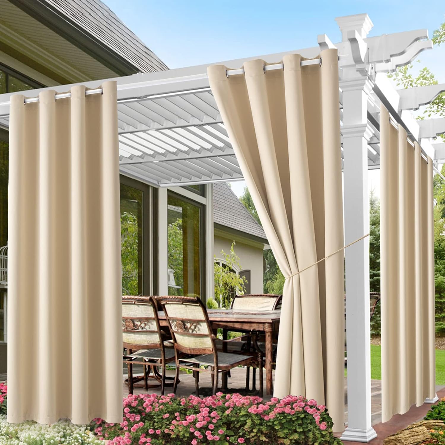 Outdoor Curtains - Outdoor Indoor Curtains W52 x L108 for Patio - Weather-resistant Window Panels Privacy Protect Grommet Top Thermal Insulated Home Curtain for Porch Garden Hot Tub Area (Beige, 2 Panels)