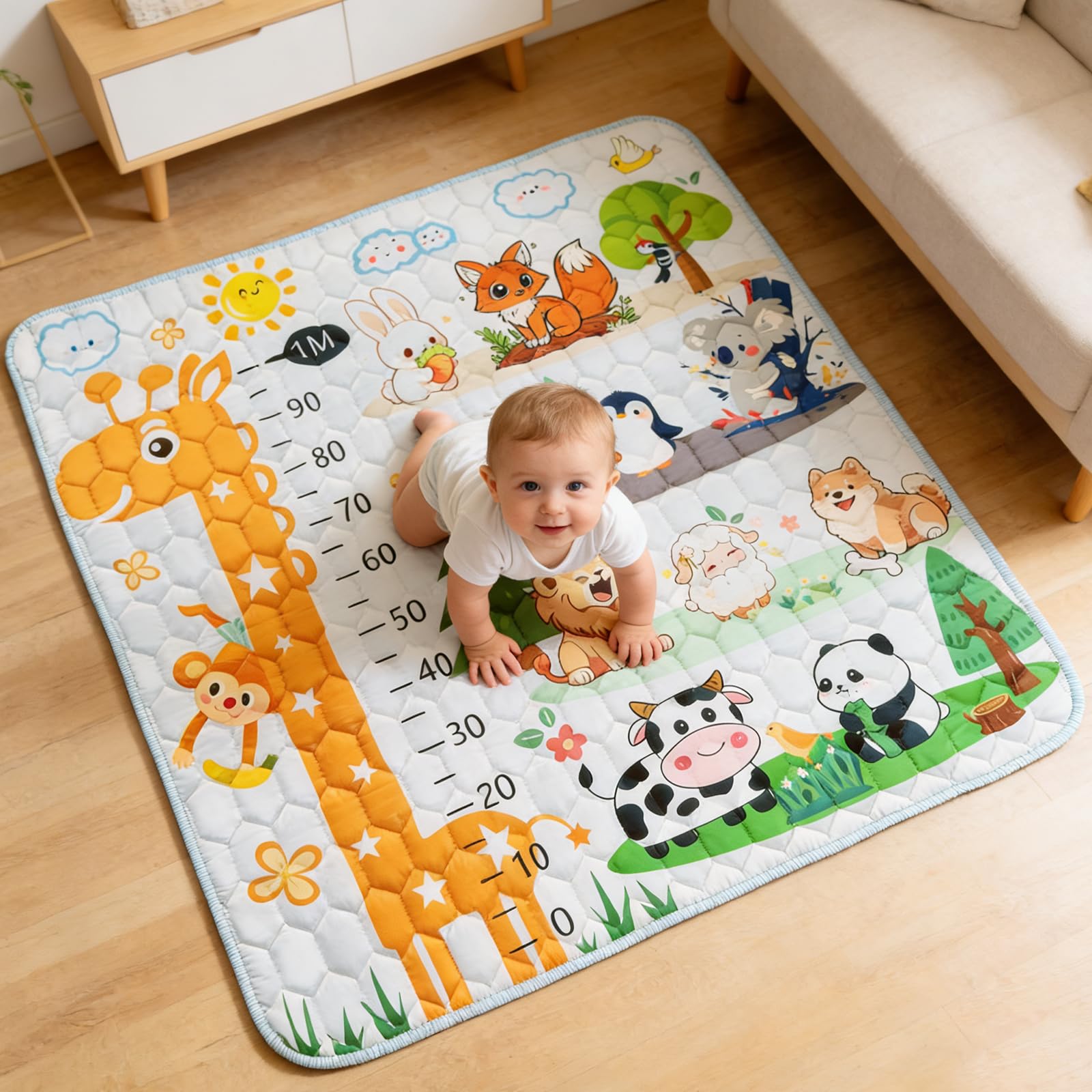 Kulveanju Baby Play Mat, 127x127 Cm Play Matt Waterproof, Non-Slip Foldable Soft Baby Mats for Floor with Height Ruler, Tummy Time Crawling Mat, Cotton Playmate for Playpen, Indoor, Outdoor Travel