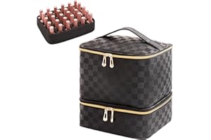 AFUOWER Nail Polish Organizer Bag with Handles - Holds 30 Bottles (15ml - 0.5 fl.oz)，Travel Case Portable Storage Bag for Manicure Set (Checkered Black)