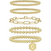 adoyi Gold Bracelets for Women Waterproof, 14K Gold Plated Beaded Strand Bead Ball Bracelets stack Adjustable Jewelry Set for Gifts