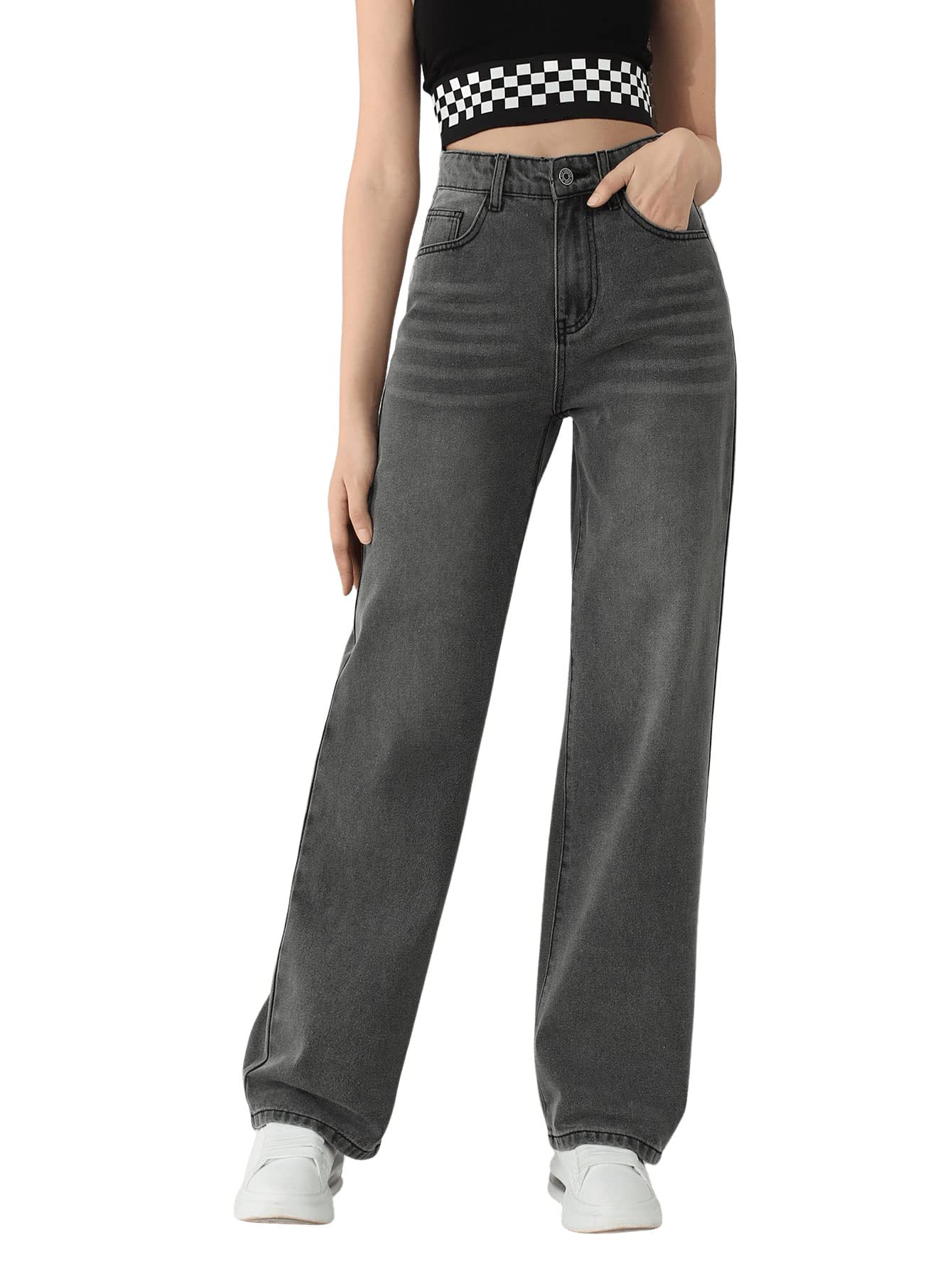 Photo 1 of SweatyRocks Girl's Casual High Waist Solid Denim Pants Stretchy Flare Leg Jeans with Pocket Dark Grey 9 Years