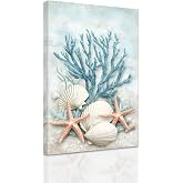 SWQYLB Coral Bathroom Wall Art Blue Wall Decor Starfish Shell Coral Pictures Coastal Beach Prints Framed Ocean Theme Canvas Artwork for Bedroom Living Room Home Decor (12"x18")