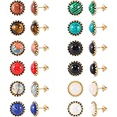 JUSTJANDM 12 Pairs Multi Gemstone Stud Earrings Stainless Steel Turquoise Tiger Eye Onyx Lapis Lazuli Malachite Stone Stud Earrings Set for Women