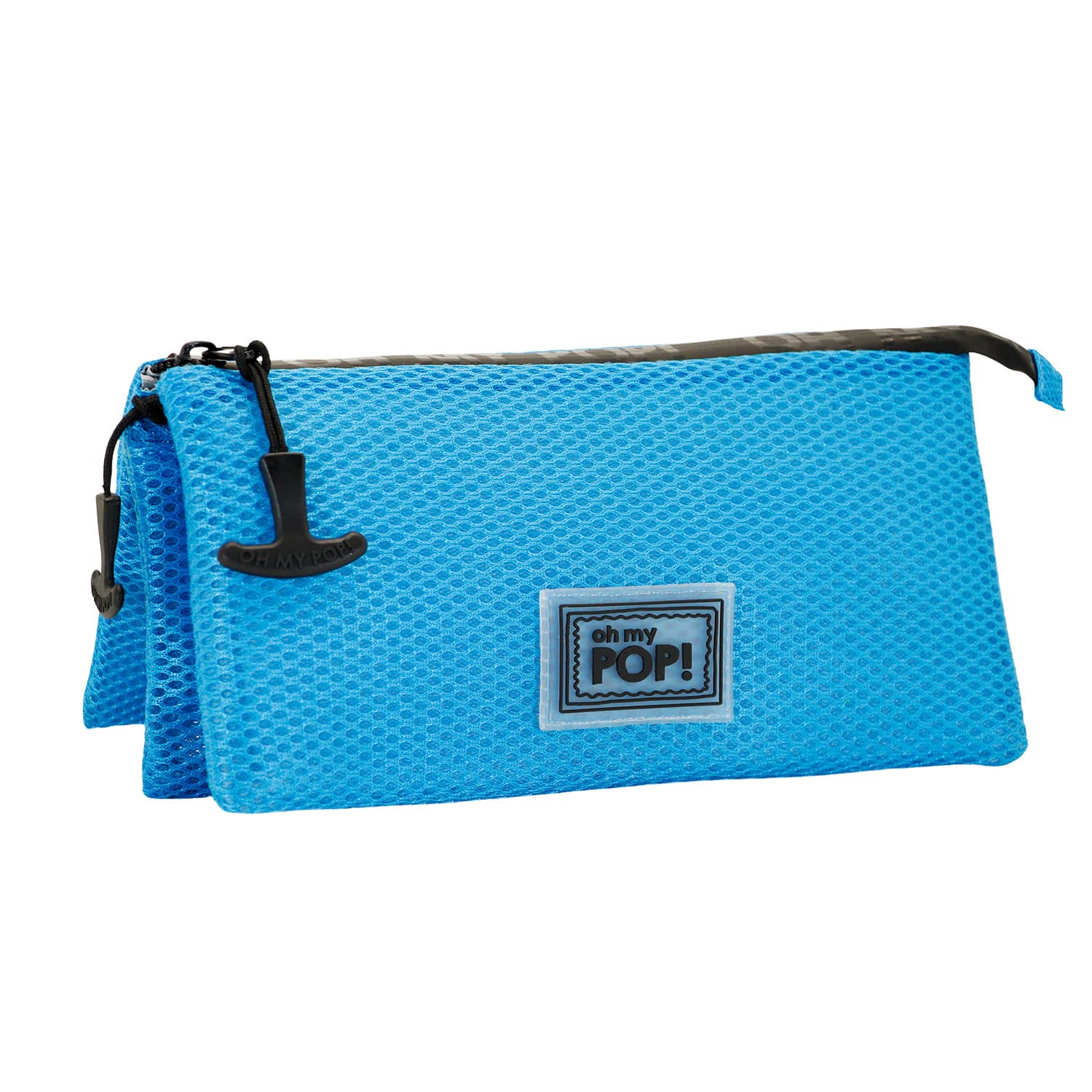 Oh My Pop! Cyan Neon-Mesh Triple Pencil Case, Blue