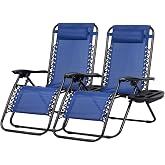 Nazhura Set of 2 Relaxing Recliners Patio Chairs Adjustable Steel Mesh Zero Gravity Lounge Chair Beach Chairs with Pillow and Cup Holder (Blue)
