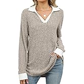 BAISHENGGT Women's Contrast Collared Shirts Casual Long Sleeve Ribbed Fall Tops Lightweight Tunic Sweaters