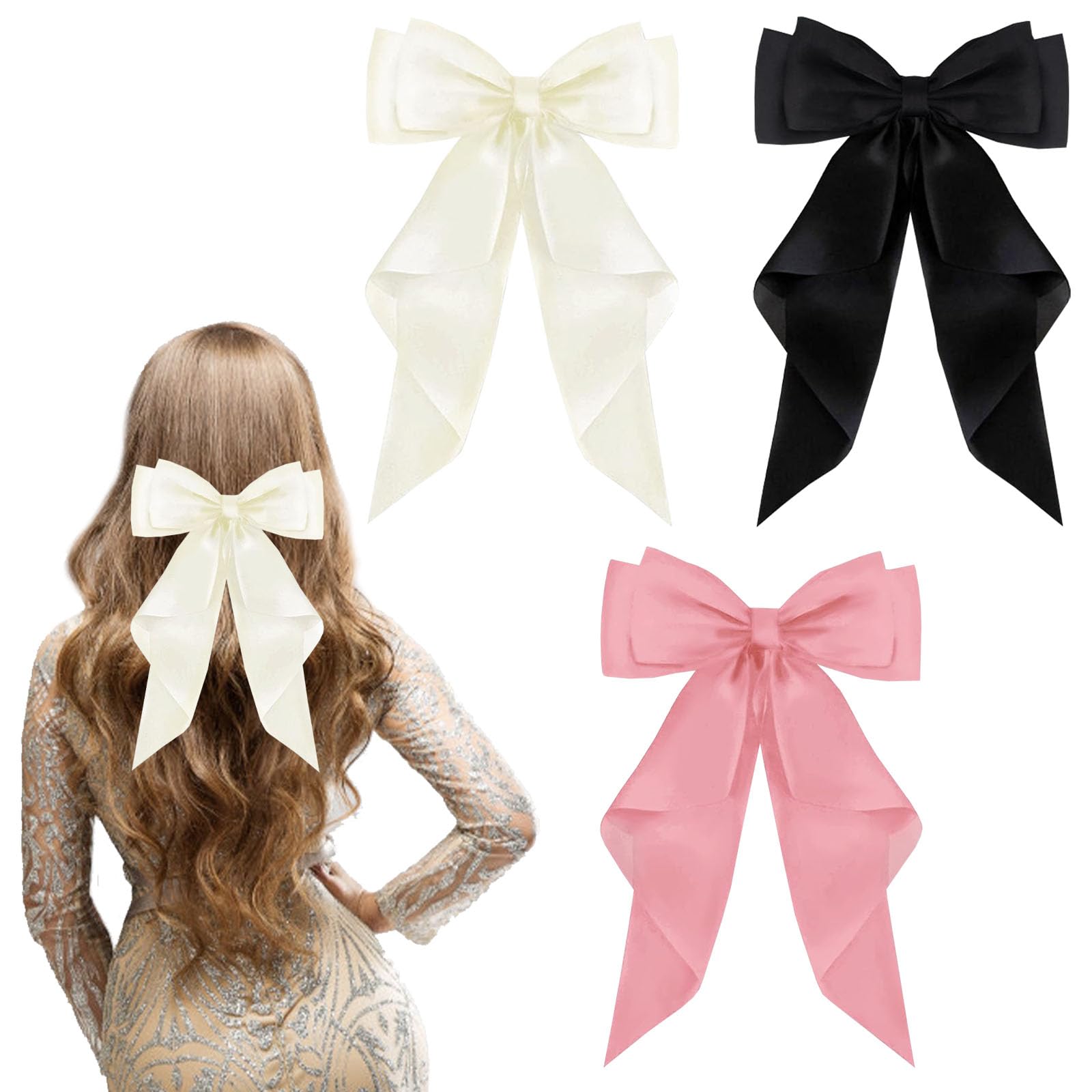FEXPDL Pack of 3 Hair Bows - Large Satin Bowknot Clips in Black, Pink, and White for Women and Girls