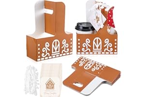 Marspark 12 Set Christmas Drink Carrier with Handle 2 Cup Gingerbread House Drink Carrier Gingerbread Gift Bags with Greeting Cards Pom-pom Trim Ribbon Thank You Gifts for Teacher Coworker Neighbor