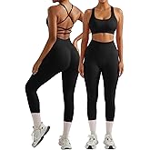 OMKAGI 2 Piece Workout Sets for Women Padded Workout Tops Booty Leggings with Pockets Gym Sets