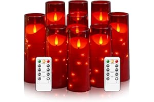 Eebuss Flameless Candles with Embedded Star String, Battery Operated LED Pillar Candles with Timer and Remote Control,Home Decorating for Ambiance， Set of 9 (Red)