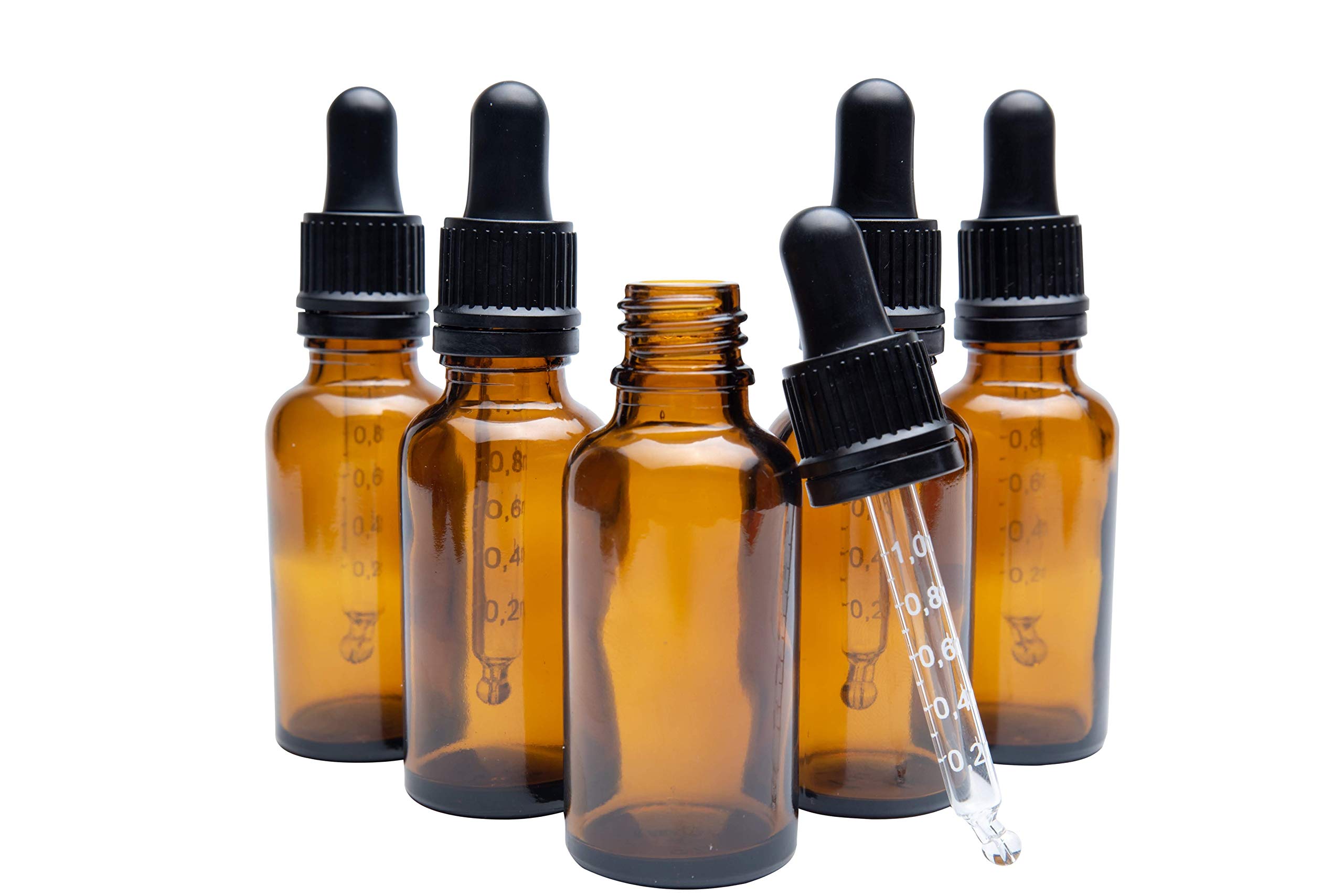 Five 1oz / 30ml Dropper Bottles with Graduated Pipette - Eye Dropper Bottle - Glass Oil Dropper Bottle - 30ml Dropper Bottle - 1oz Amber Glass Bottles with Dropper - Graduated Dropper Bottle