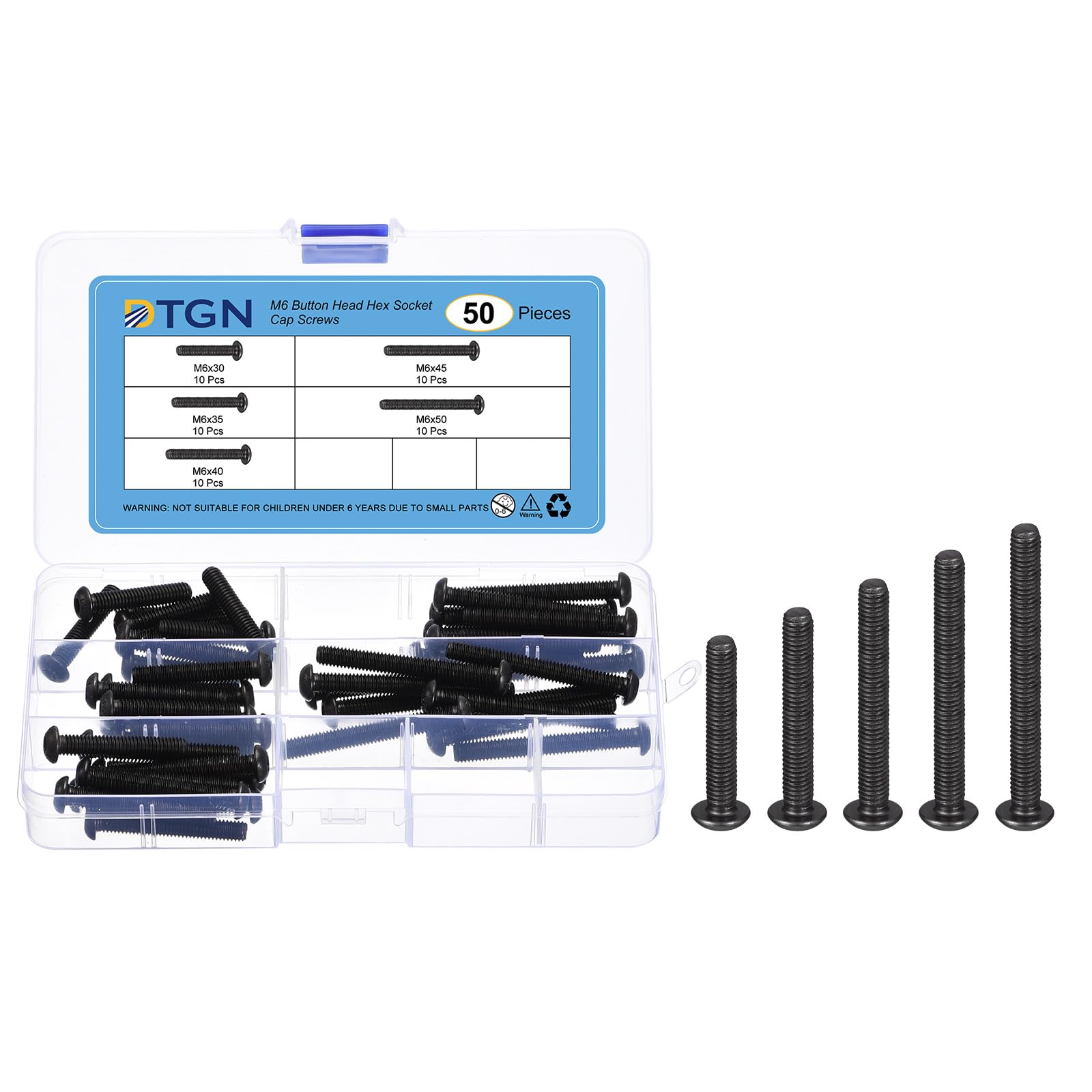 DTGN 50Pcs M6 Button Head Socket Cap Screws Kit - 30/35/40/45/50mm Carbon Steel Black Oxide Full Thread Hex Socket Cap Screw Assortment - Good for Machine, Furniture Repairing