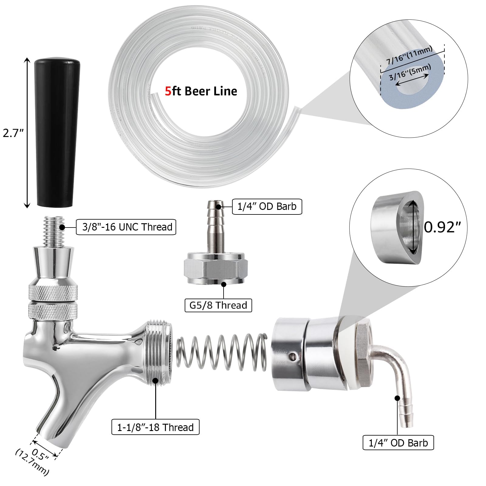 Draft Beer Faucet Beer Line Shank Kit Kegerator Parts Beer Tower Dispenser Replacement Set Self-Closing Beer Tap Wrench I.D.3/16” Beer Tubing 1/4”Keg Coupler Barb Cleaning Brush Tap Cover