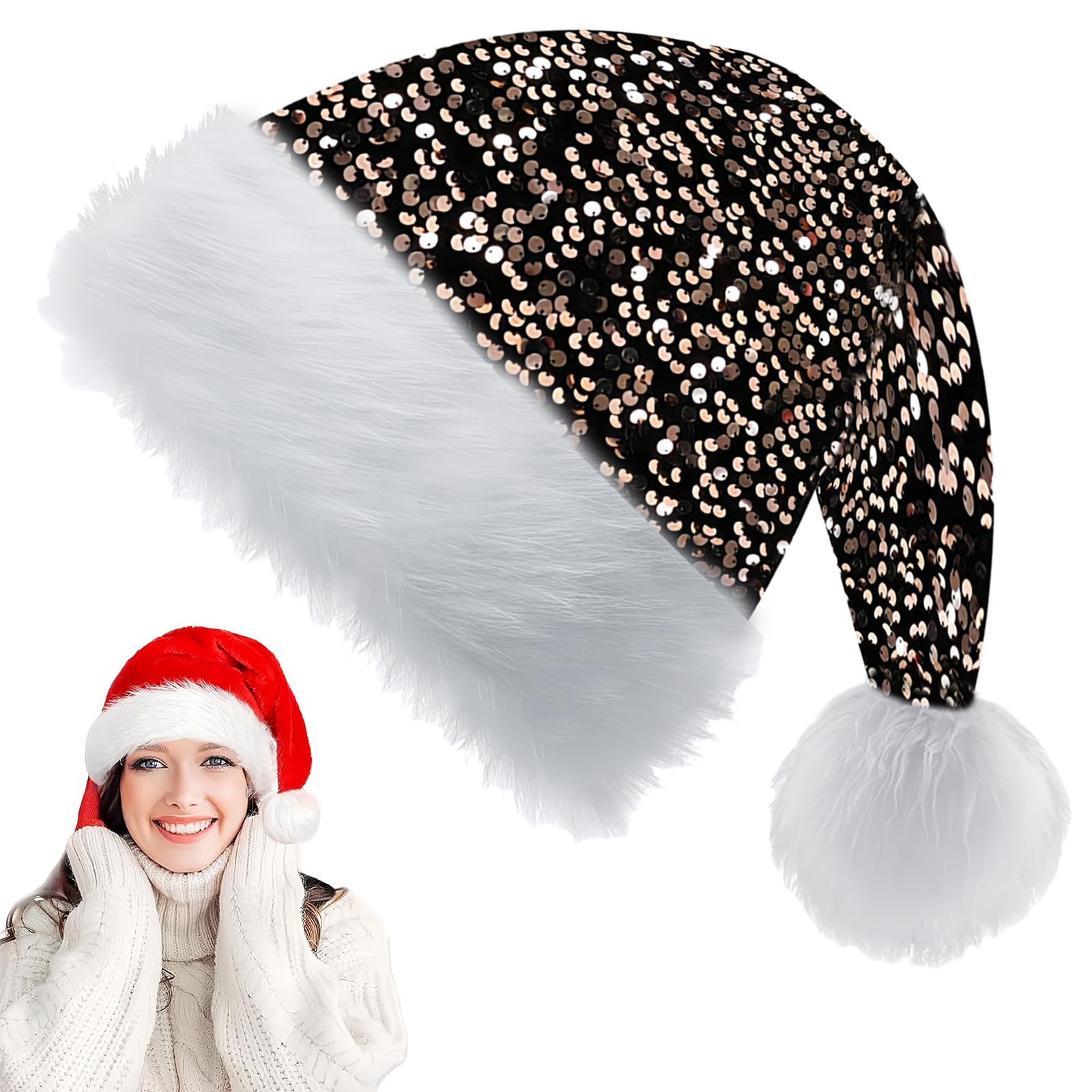 Black Champagne Sequin Santa Hat for Christmas - 30*45cm Luxury Xmas Plush Santa Claus Costume - Unisex Party Hat for Kids, Adults, Women, Men - Father Christmas New Year Gifts