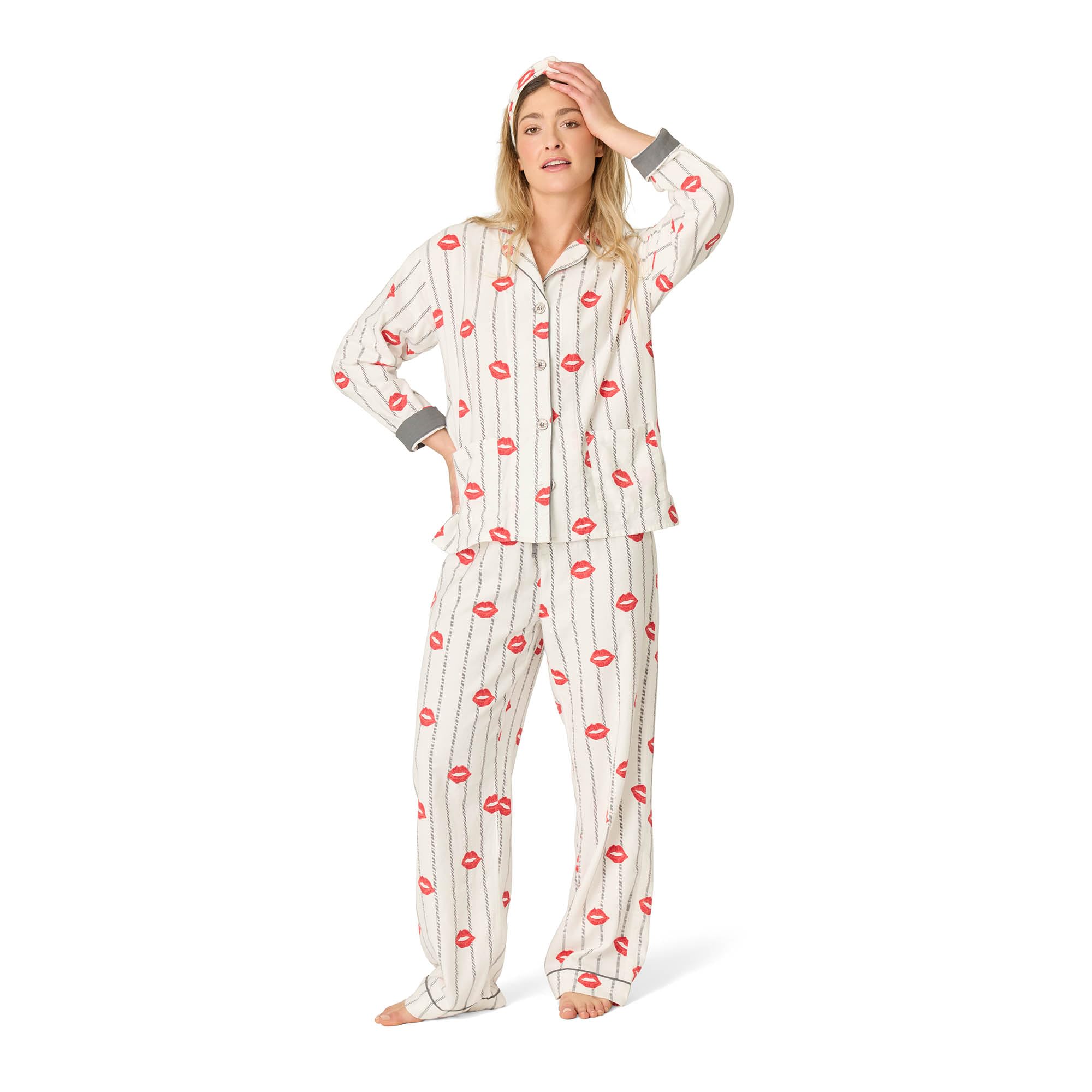 P.J. Salvage Women’s Cotton Flannel Long-Sleeve Top, Pant and Headband 3-Piece Pajama Set, Hugs N Kisses, Large