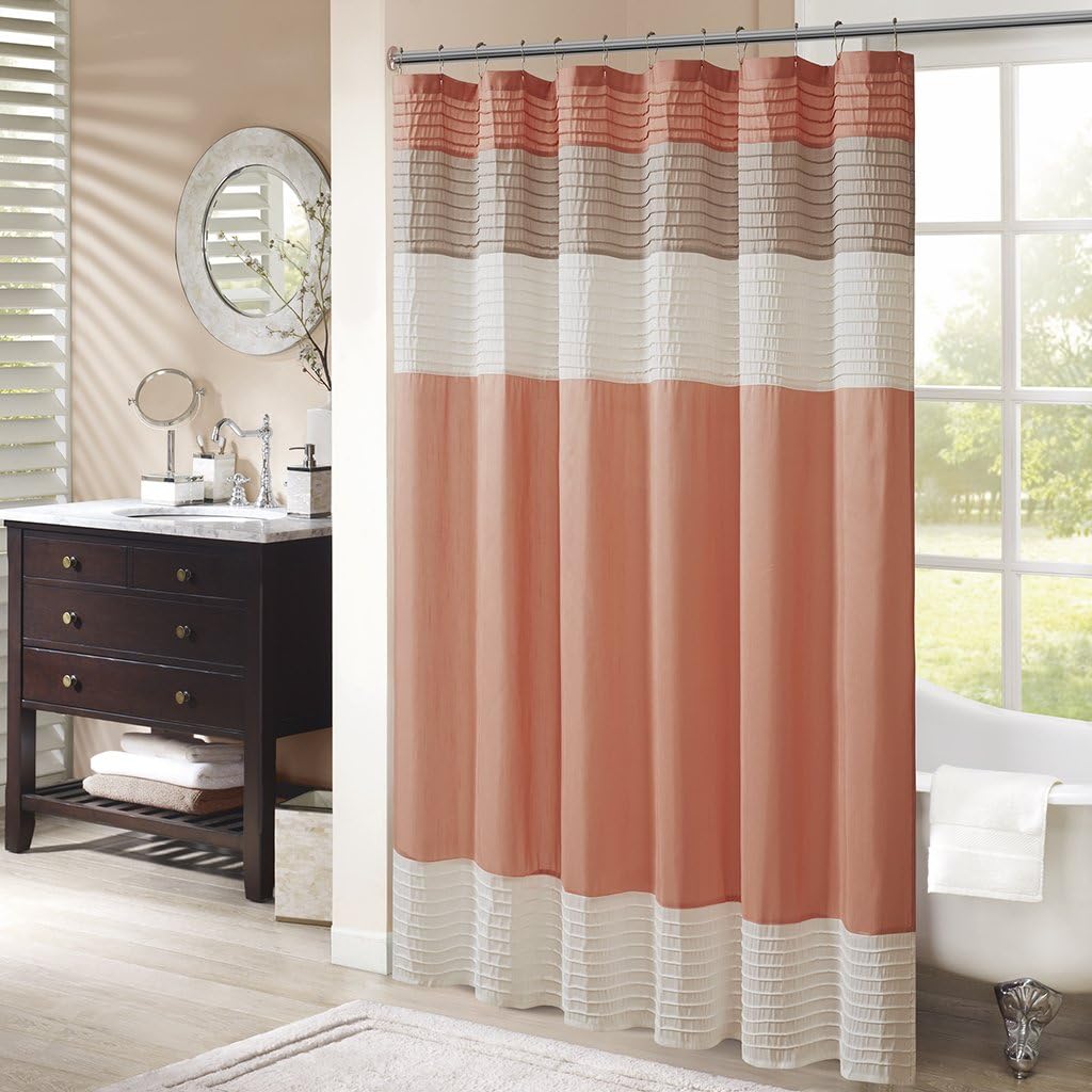 Madison Park Amherst Bathroom Shower Faux Silk Pieced Striped Modern Microfiber Bath Curtains, 72x72 Inches, Coral: Home & Kitchen