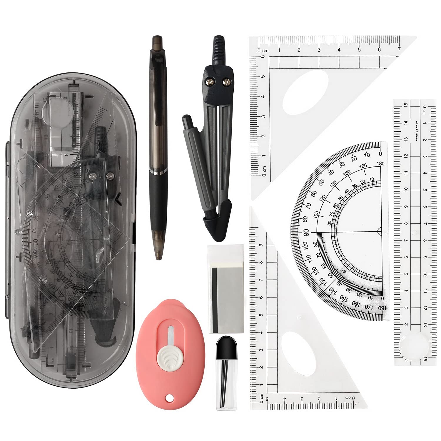 9 Pcs Maths Set, Protractor and Compass Set Geometry Compass Sets Math Kit Including Ruler, Protractor, Compass, Eraser, Knife and Pencil Case for School