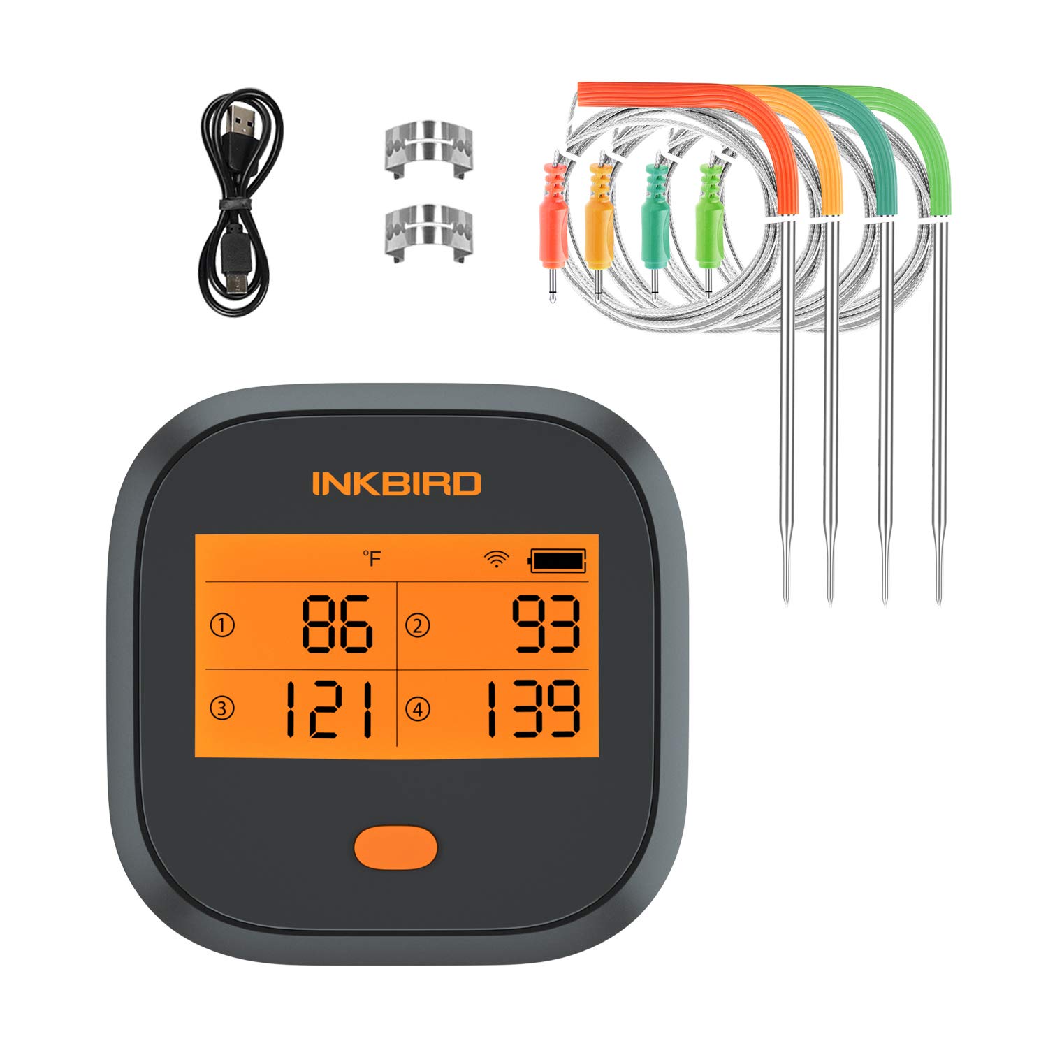 Inkbird WiFi Meat Grill Thermometer, Wireless BBQ Thermometer with Rechargeable, Calibration, 4 Colored Probes, LCD Screen, Remote Digital Cooking Food Grill Thermometer