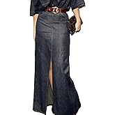 oshoplive Women's High Waisted Denim Maxi Skirts with Pockets, Retro Solid Color Floor Length H Line Jean Long Skirt